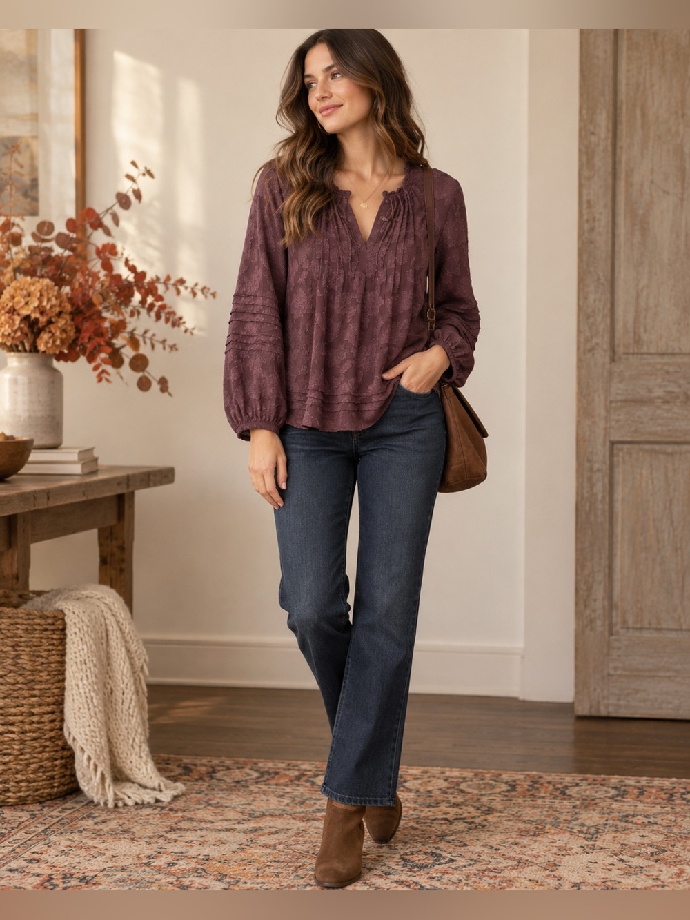 J. Jill Plum Floral Jacquard Blouse Petite Small Boho Pleated Top